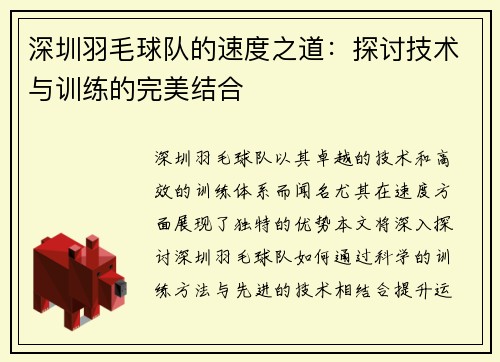 深圳羽毛球队的速度之道：探讨技术与训练的完美结合